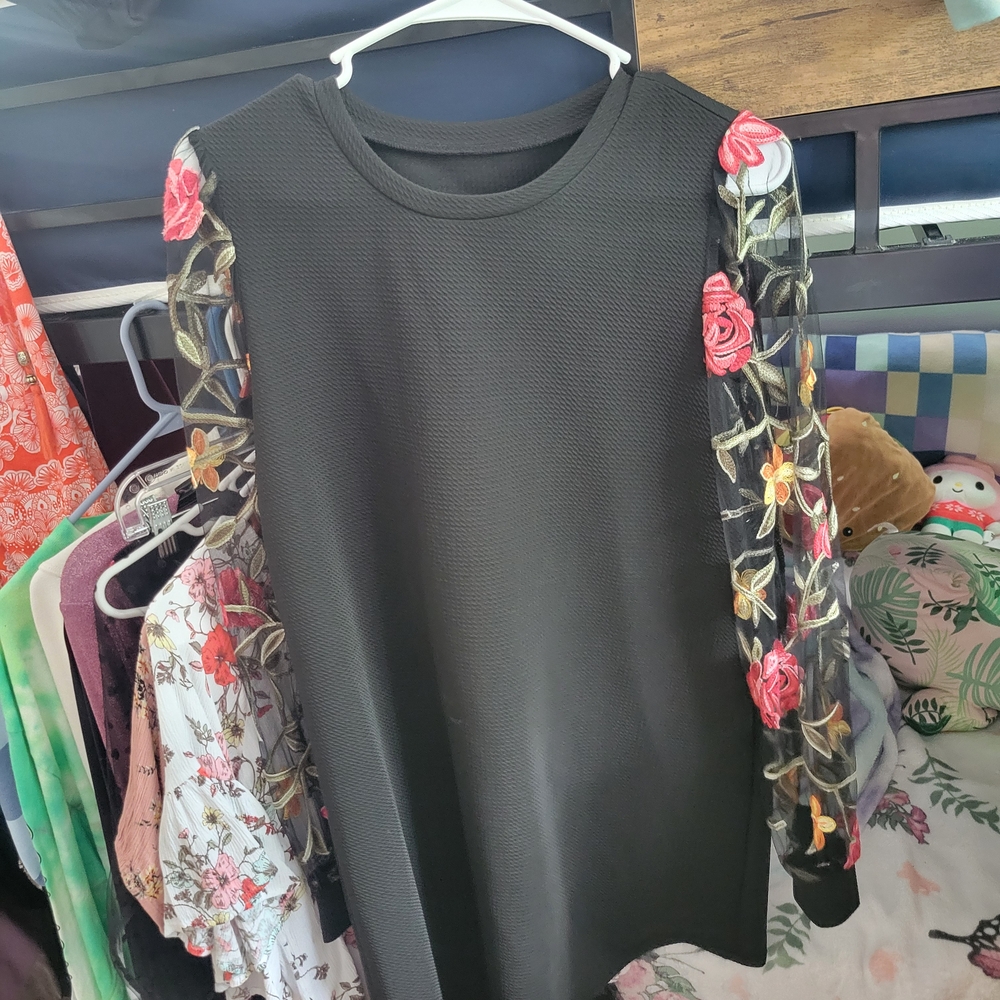 Black Dress with Floral Embroidered Sleeves